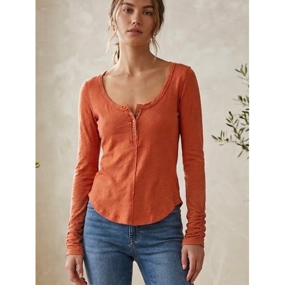 Pilcro Anthropologie Burnt Orange Linen Cotton Henley Long Sleeve Top XXS
